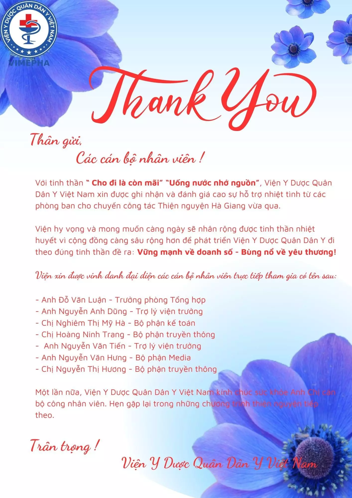 Thư cảm ơn và vinh danh cán bộ nhân viên